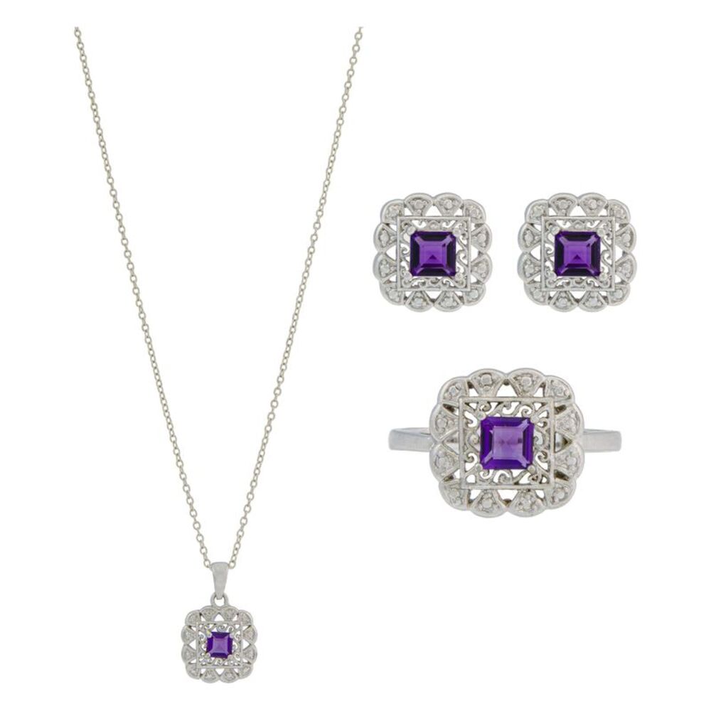 Women's Genuine Amethyst Filigree Pendant, Earrings & Ring #10